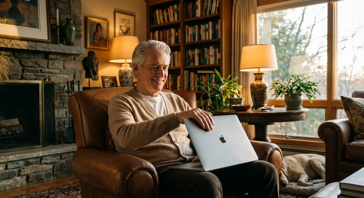 A senior man looking satisfied and calm while closing his laptop.