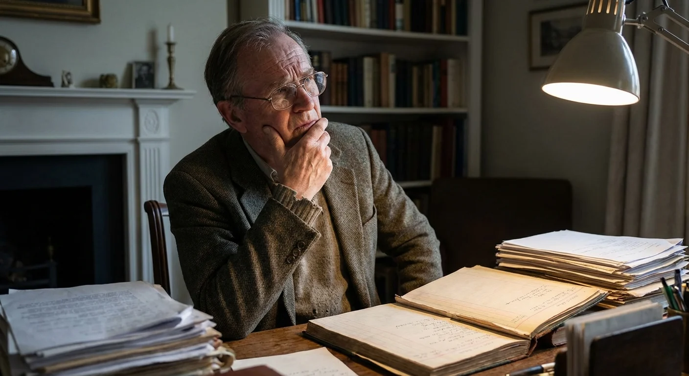 A senior man looking thoughtful and cautious while reviewing documents.