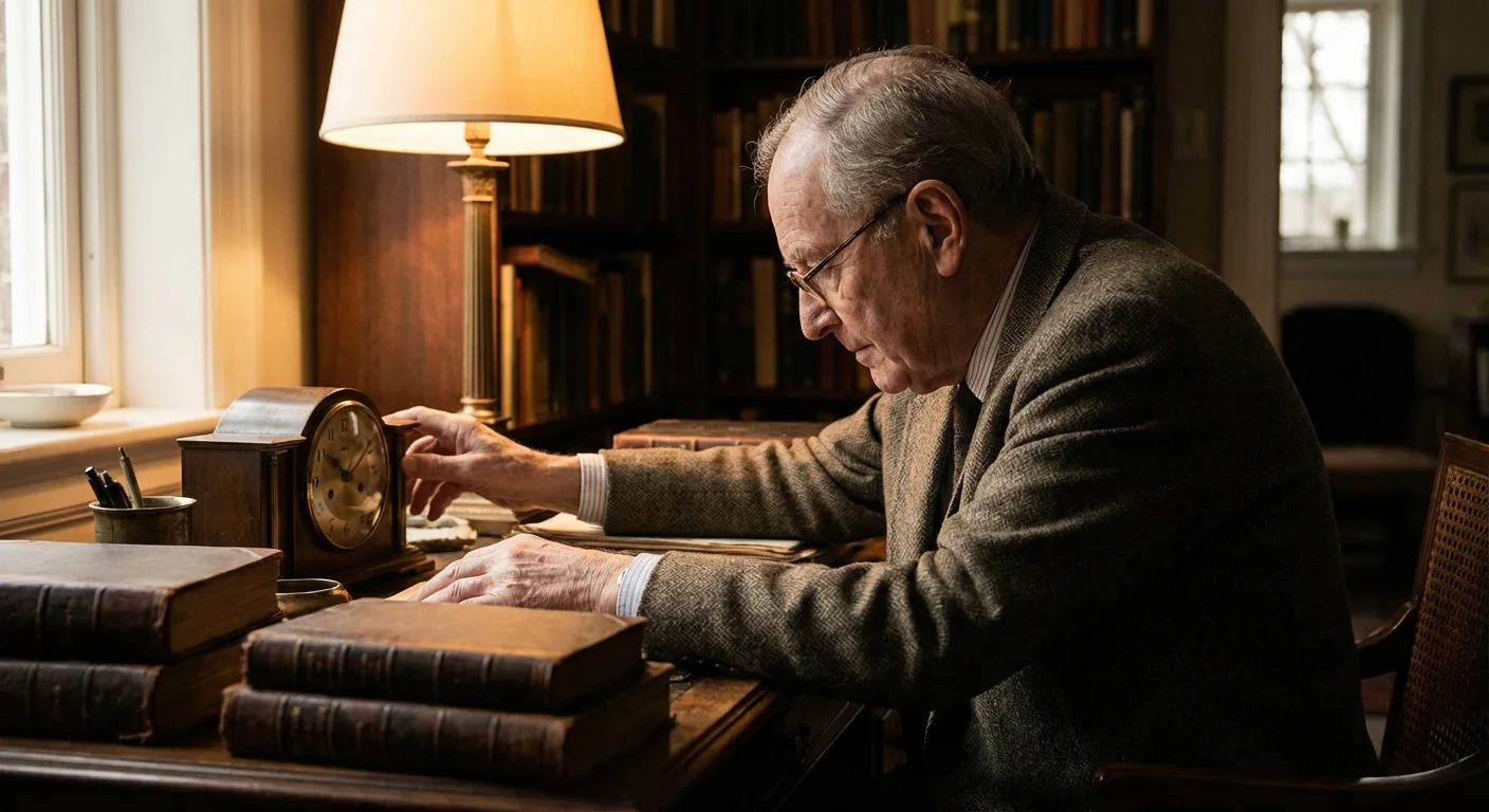 A senior man looking thoughtfully at vintage items in a library.
