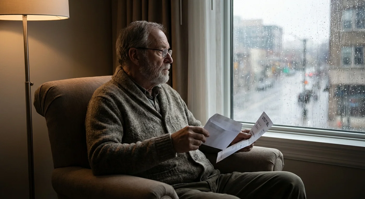 A senior man looking thoughtfully out a window with a bill in hand.