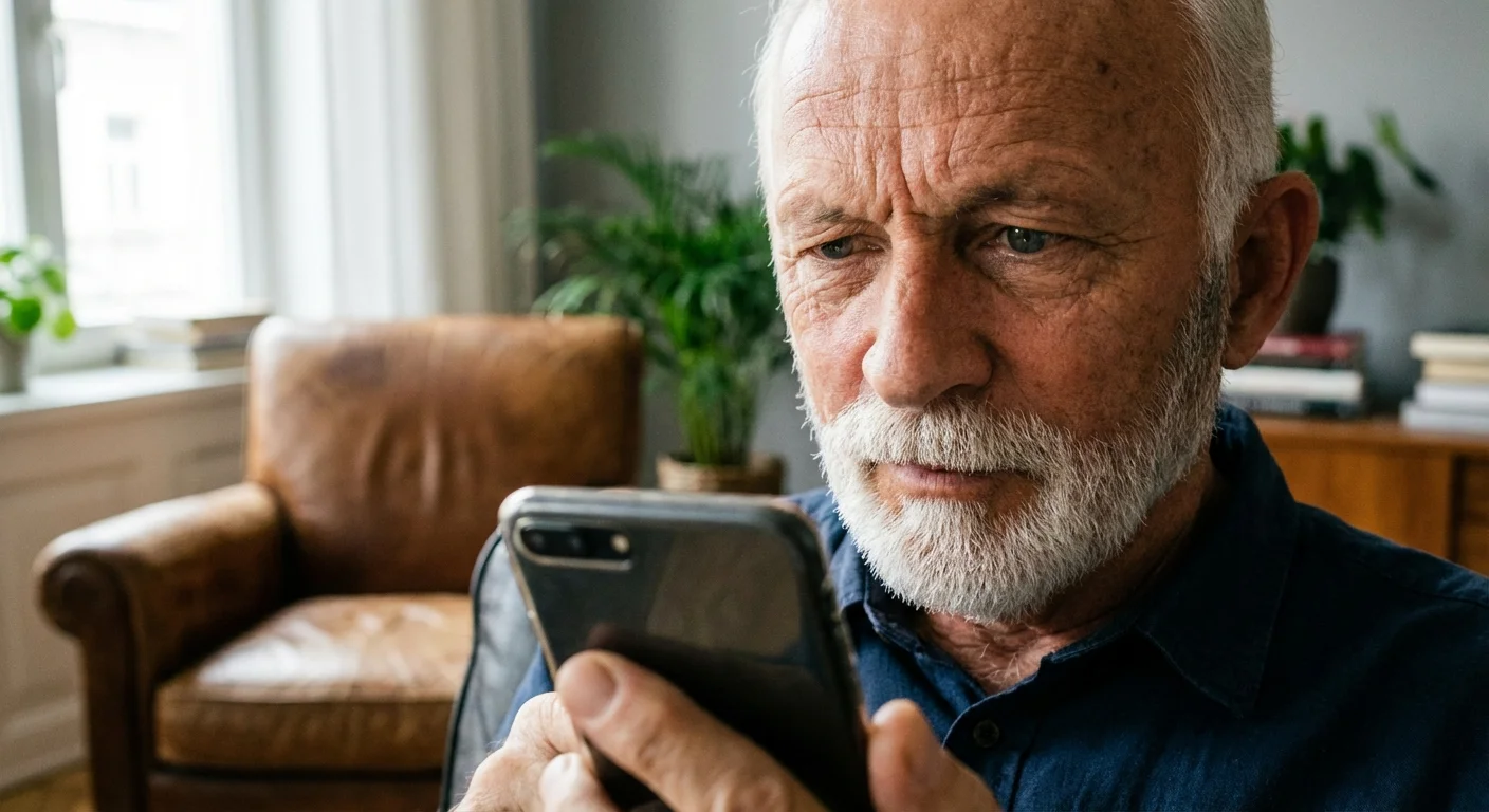 A senior man looks suspiciously at a notification on his smartphone.