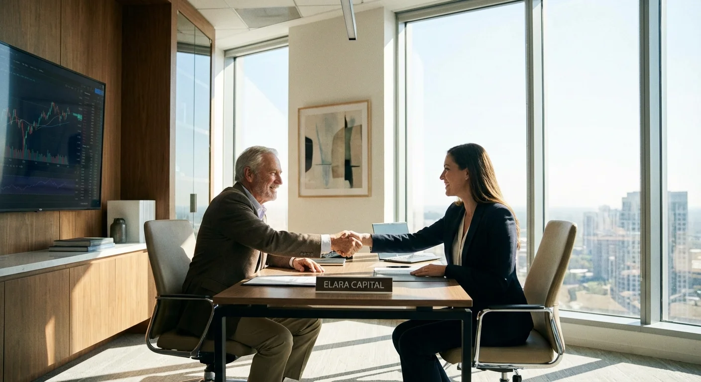 A senior man meeting with a financial advisor in a bright office.