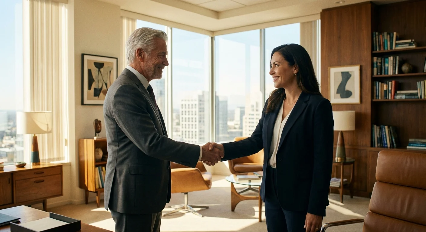 A senior man meeting with a financial advisor in a professional office setting.