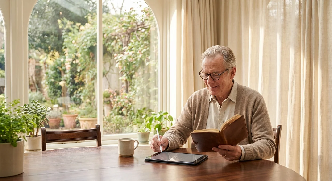 A senior man organizing his schedule in a bright sunroom, symbolizing the planning of retirement core areas.