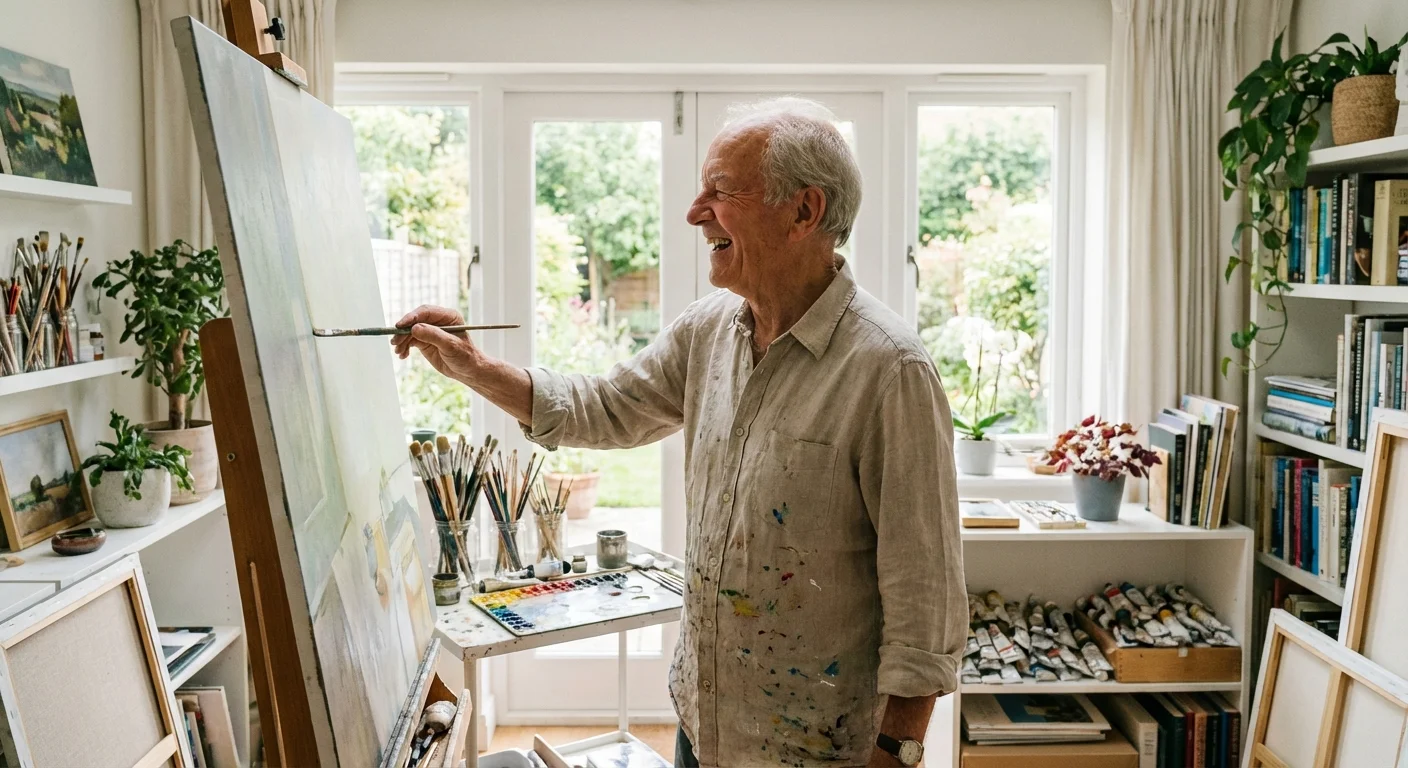 A senior man painting in a bright, sunlit home art studio.