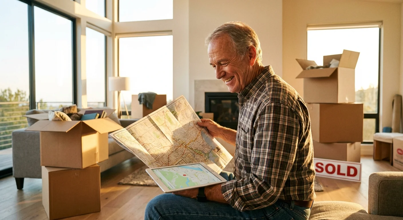 A senior man plans his move with a map and tablet in a bright room with moving boxes.