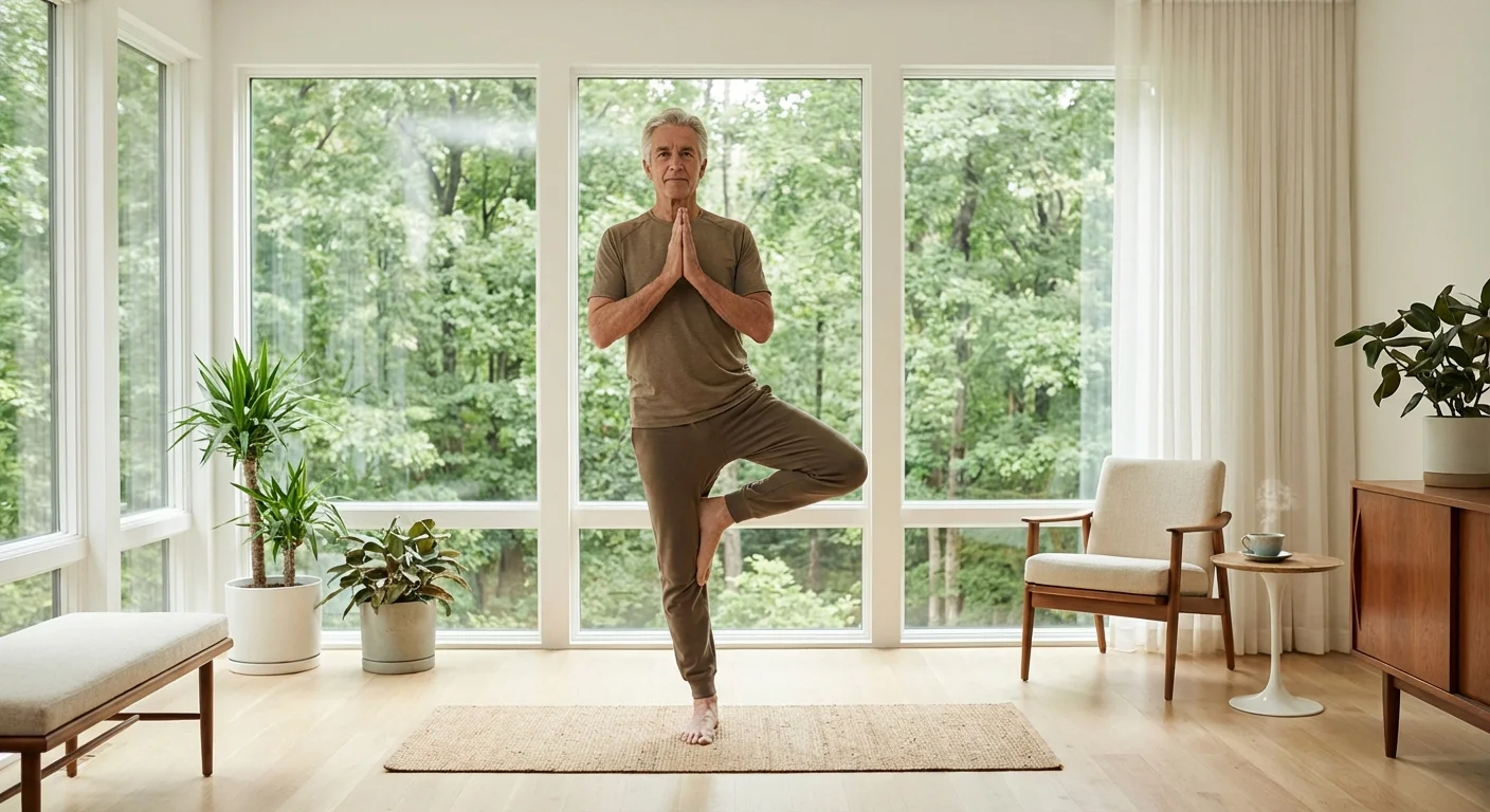 A senior man practicing yoga in a beautiful home studio, representing health and wellness.