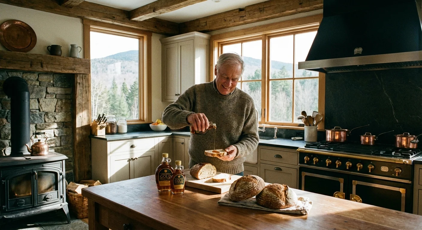 A senior man preparing breakfast in a rustic wooden kitchen.