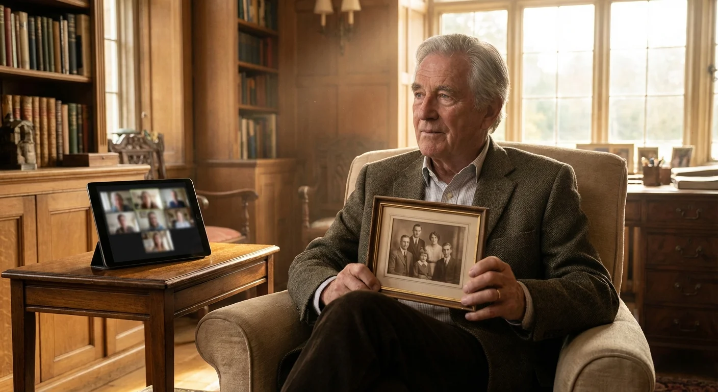 A senior man reflecting on family while sitting in a bright living room.