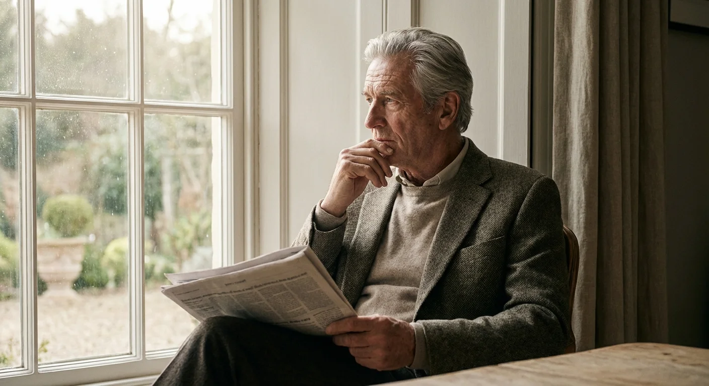 A senior man reflecting while looking out a window with a newspaper in hand.