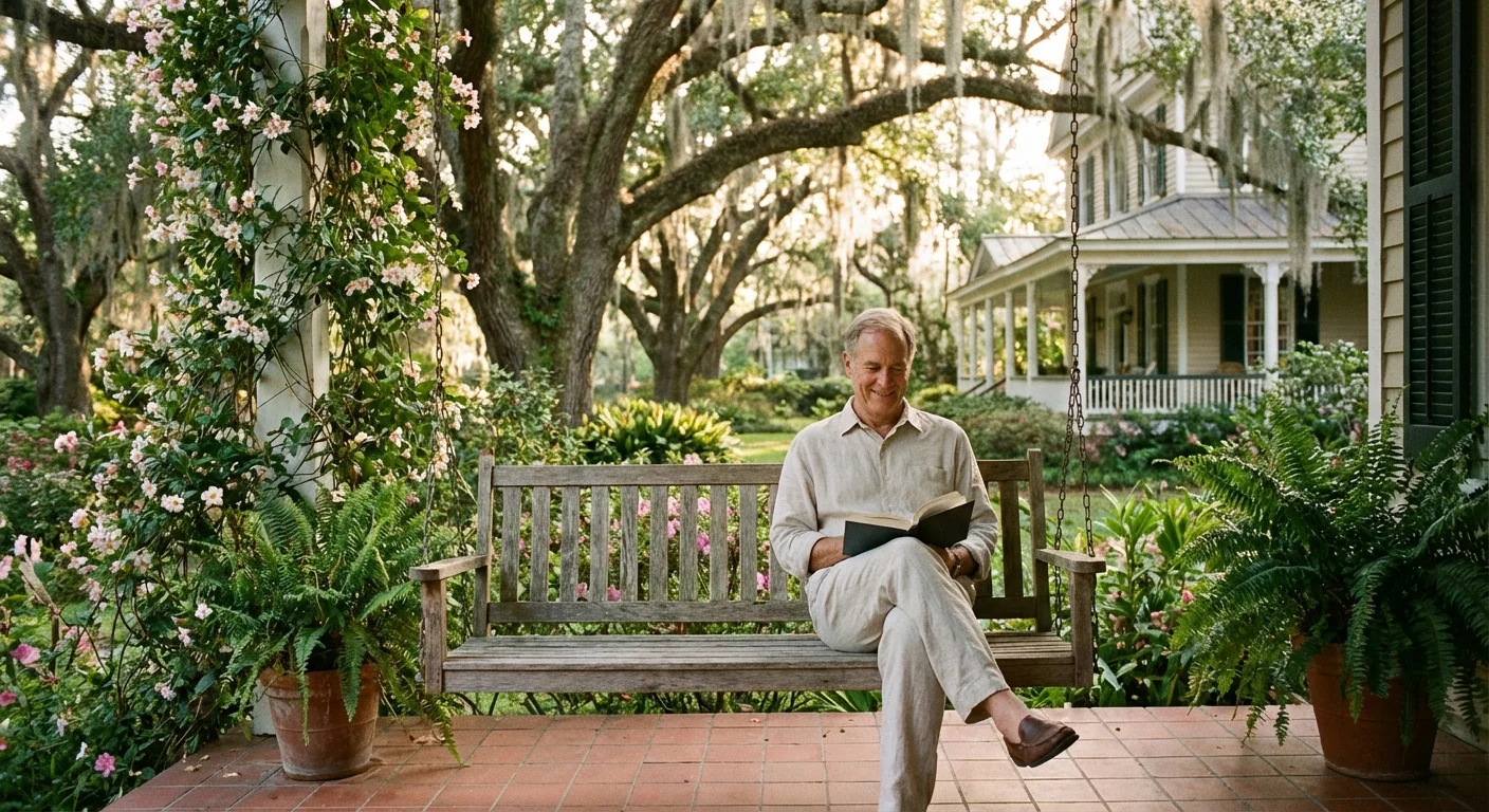 A senior man relaxes on a porch swing in a green, sun-drenched Southern neighborhood.