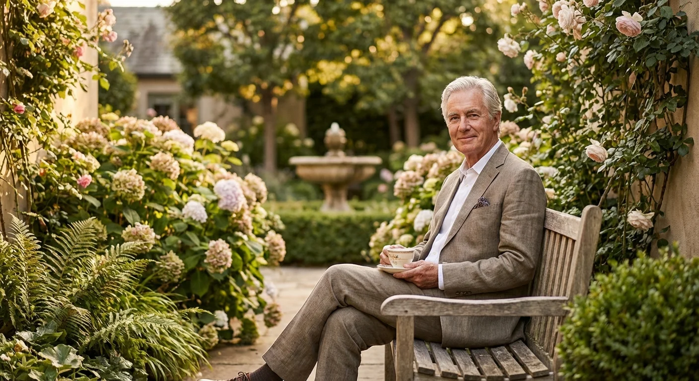 A senior man relaxing in a peaceful, well-maintained outdoor garden.