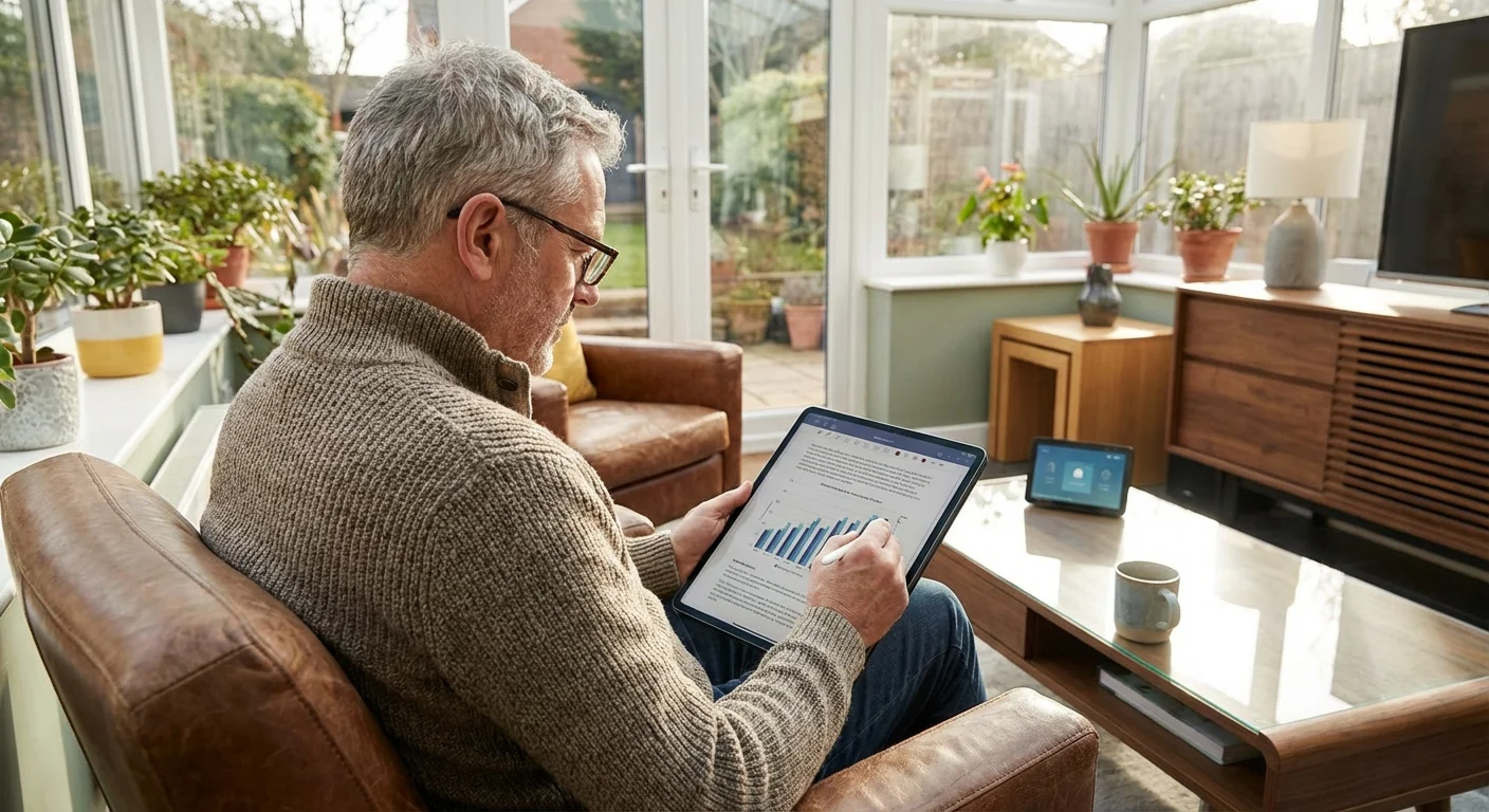 A senior man reviewing digital documents on a tablet in a bright room.