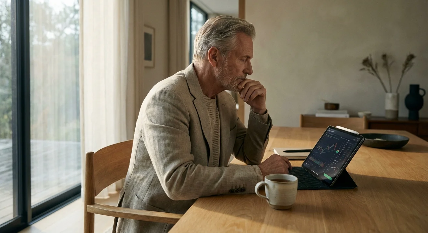 A senior man reviewing financial data on a tablet in a bright, modern home office.