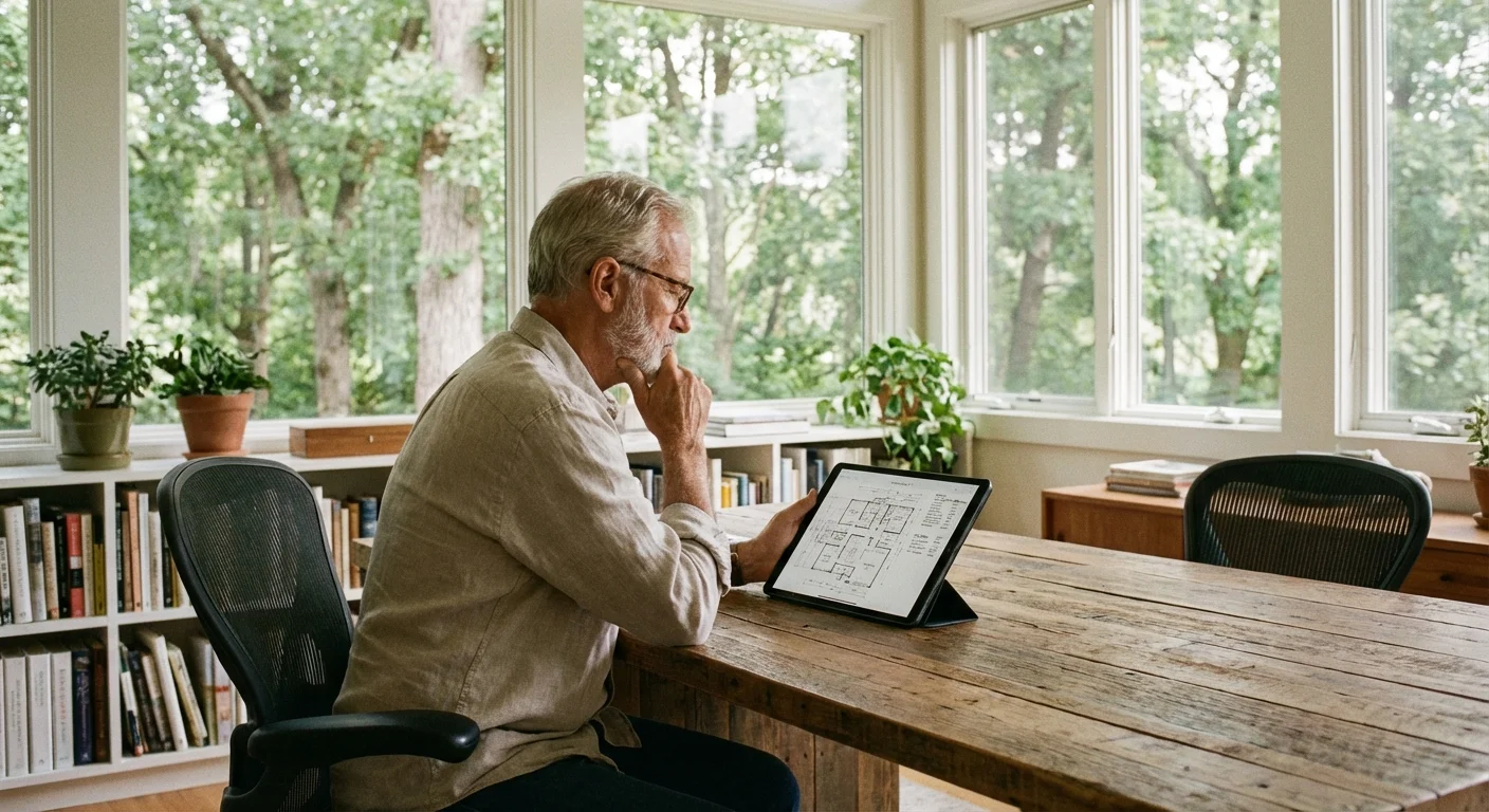 A senior man reviewing floor plans on a tablet in a bright home office.