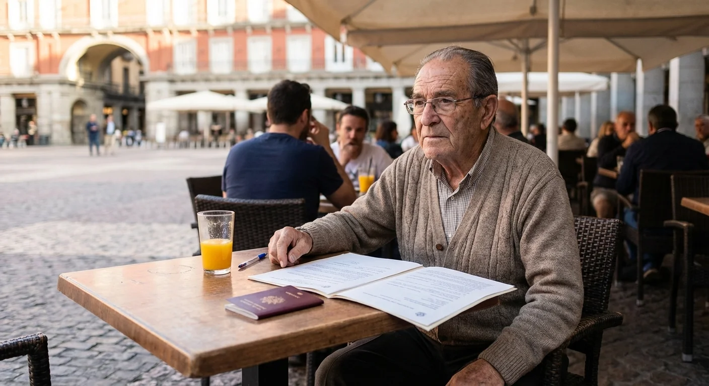 A senior man reviewing residency paperwork at an outdoor cafe in a European square.