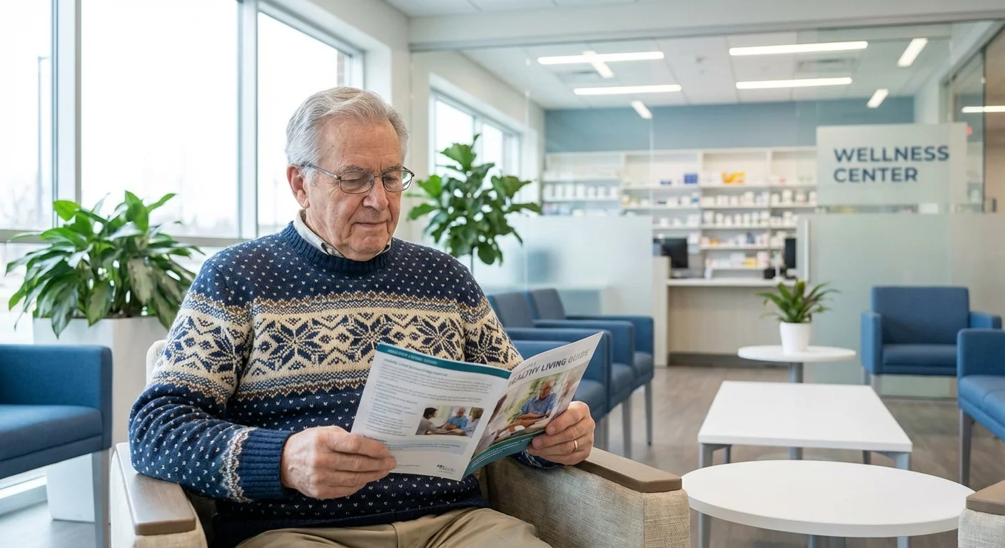 A senior man reviews a healthcare brochure in a modern clinic.