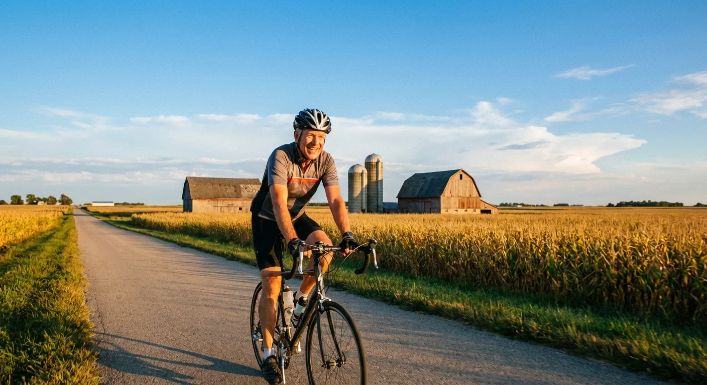 A senior man riding a bicycle through a golden field.