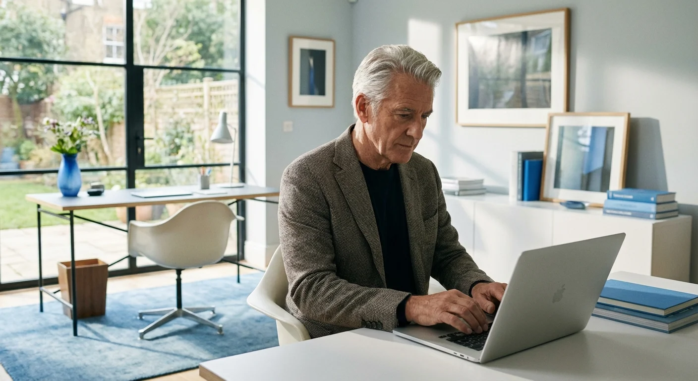 A senior man securely managing his finances on a laptop in a bright office.
