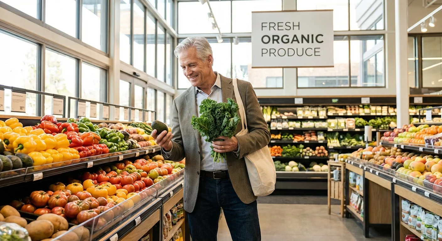 A senior man selecting fresh vegetables in a bright, modern grocery store.