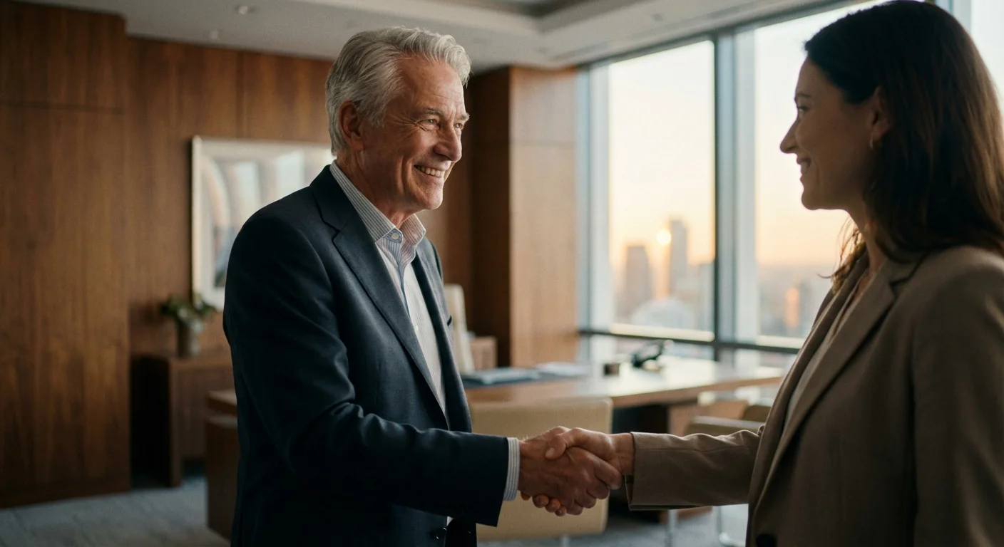 A senior man shaking hands with a professional advisor in a high-end office.