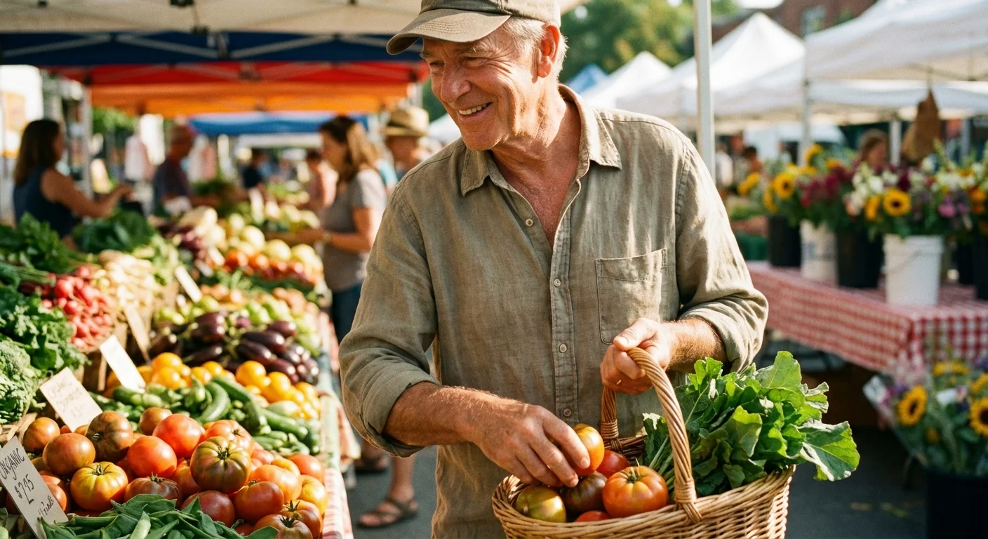 A senior man shopping for fresh produce at an outdoor market.