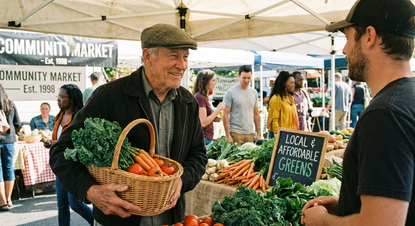 A senior man shopping for fresh vegetables at an outdoor market.