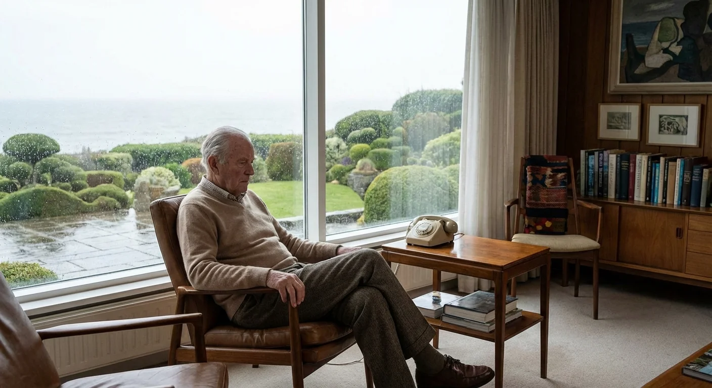 A senior man sitting alone by a window looking at a phone.