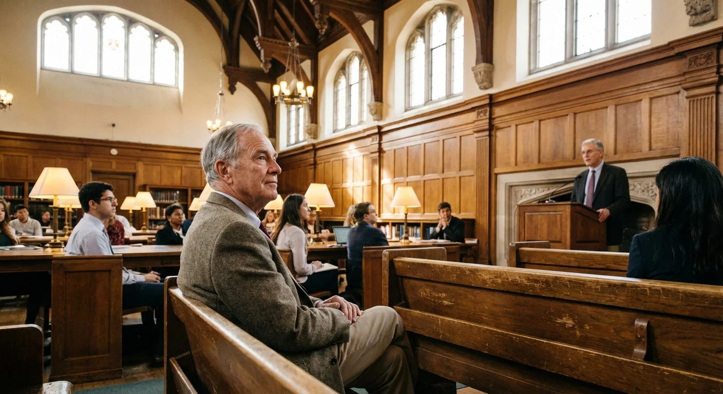 A senior man sitting in a historic wooden lecture hall.