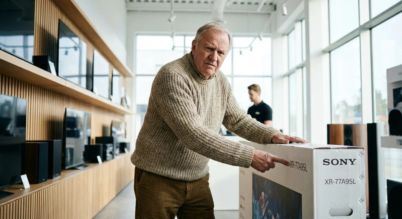 A senior man skeptically inspecting the model number on a large electronics box.