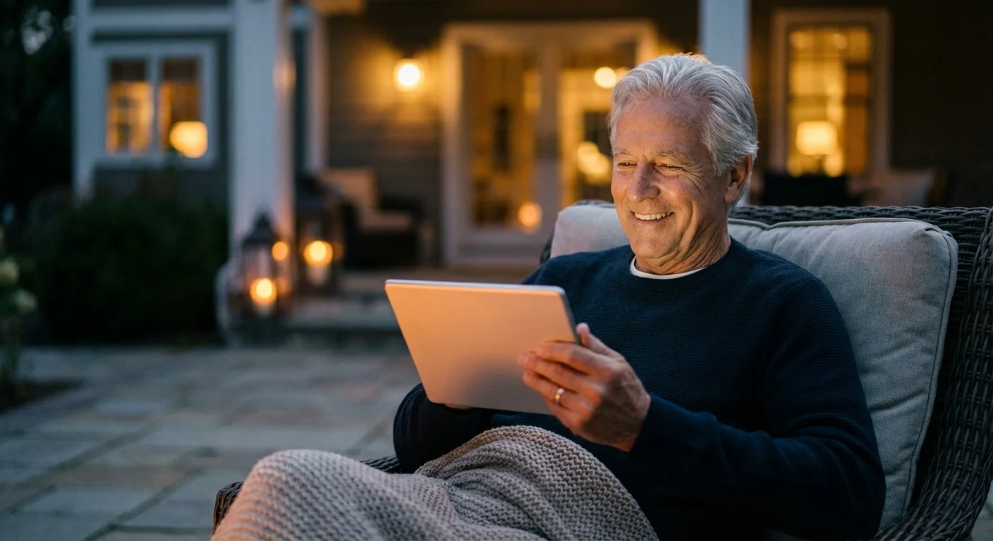 A senior man smiling at a tablet screen while sitting on a patio at dusk.