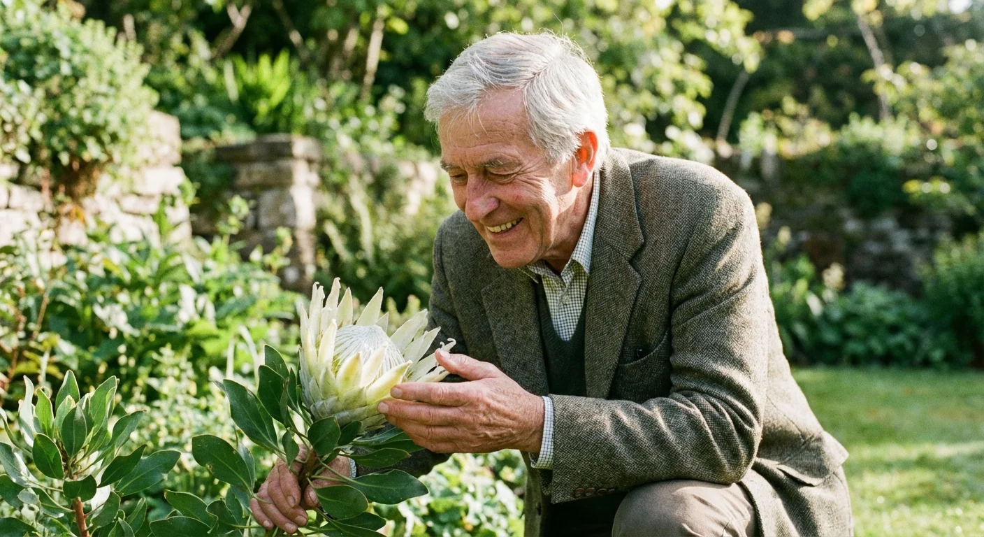 A senior man smiling while gardening in a sun-drenched backyard.