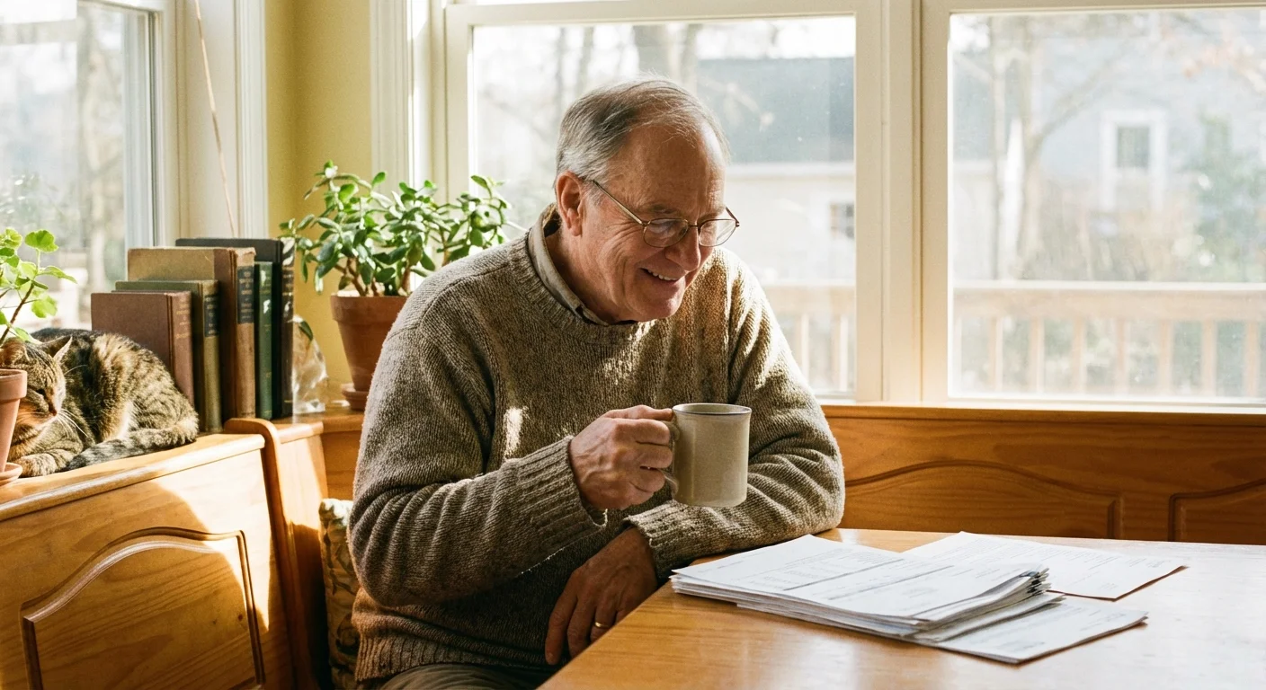 A senior man smiling while looking at financial documents.