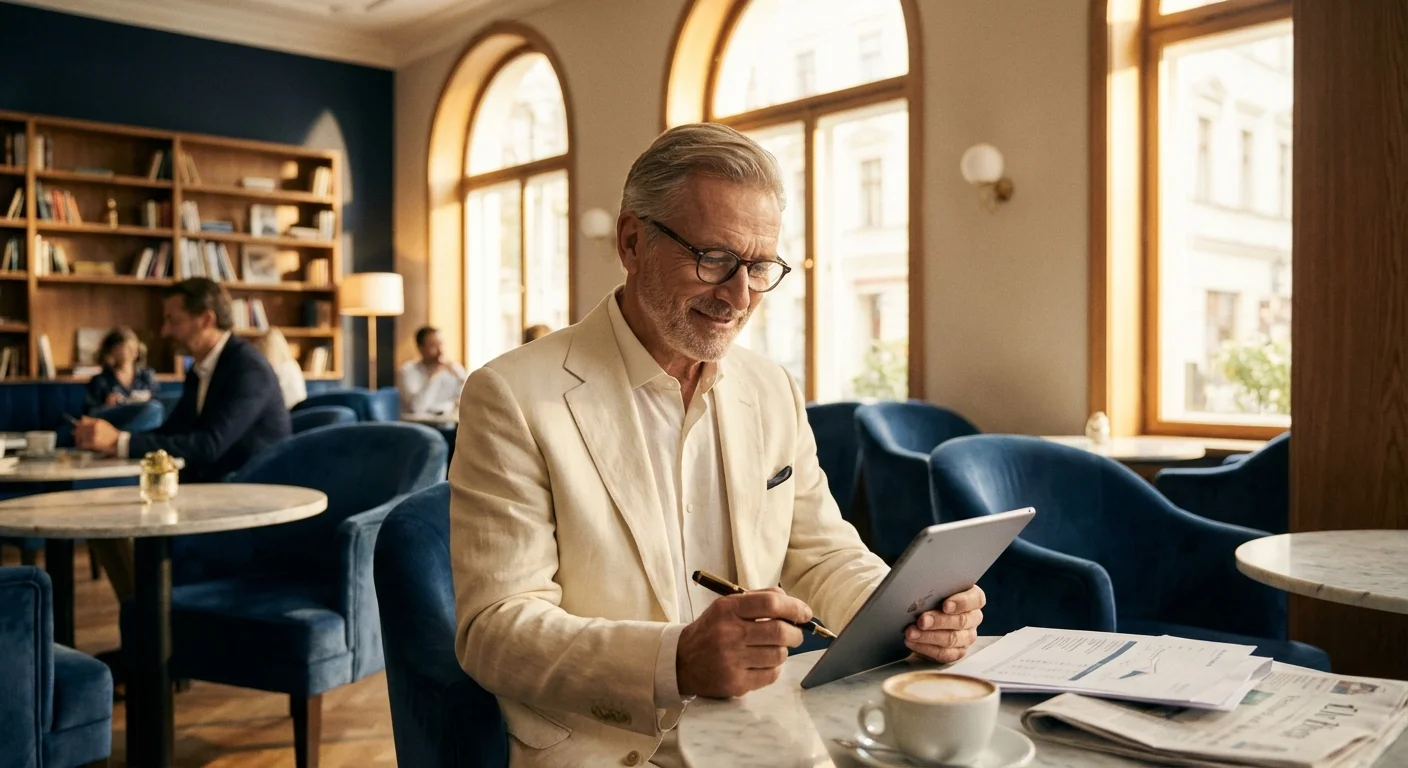 A senior man smiling while looking at financial growth on a digital tablet.