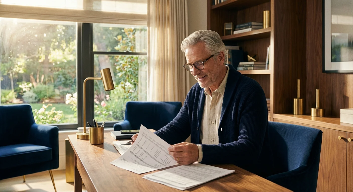 A senior man smiling while reviewing financial documents in a bright, organized home office.