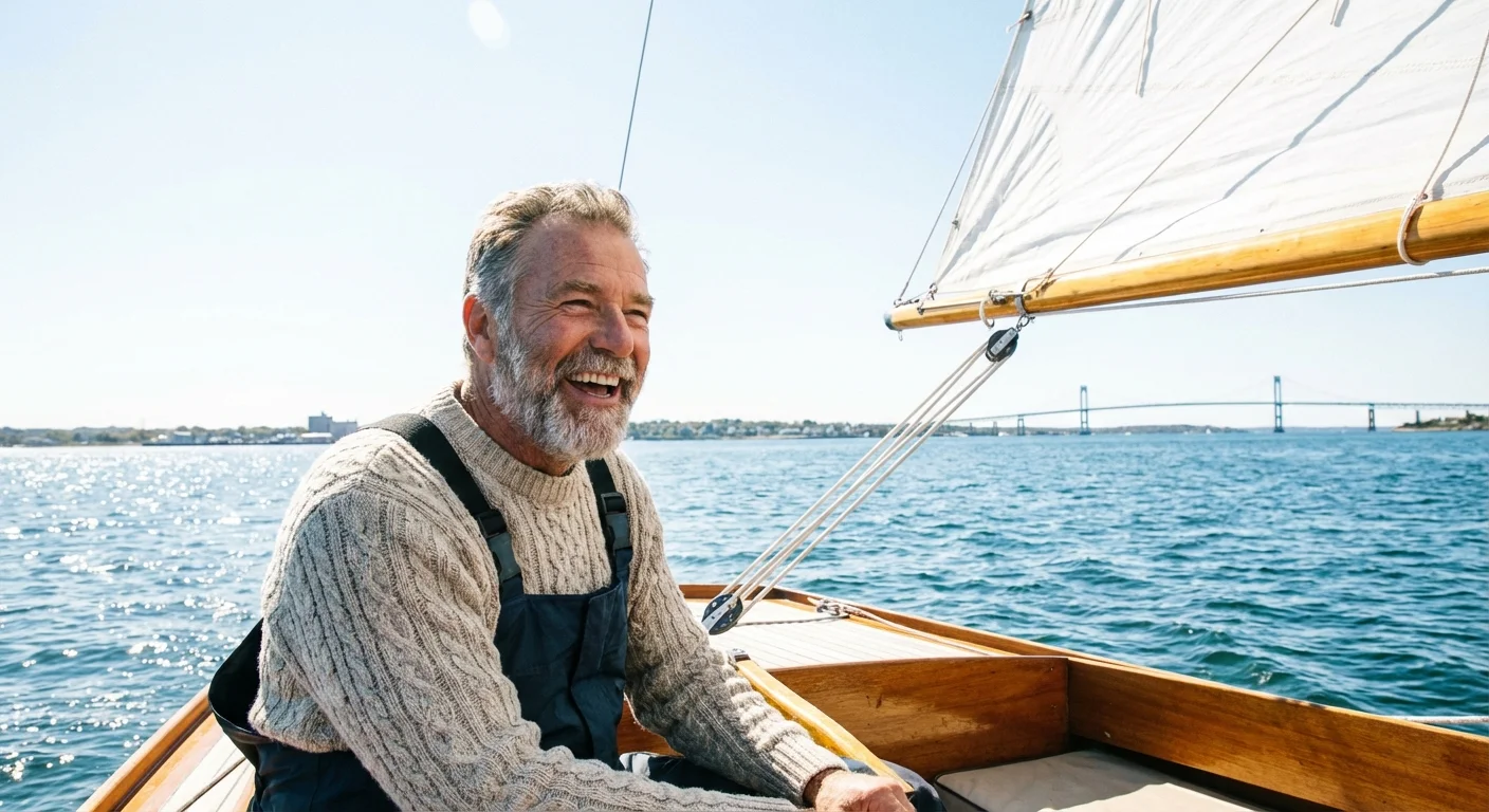 A senior man steering a sailboat on the open water.
