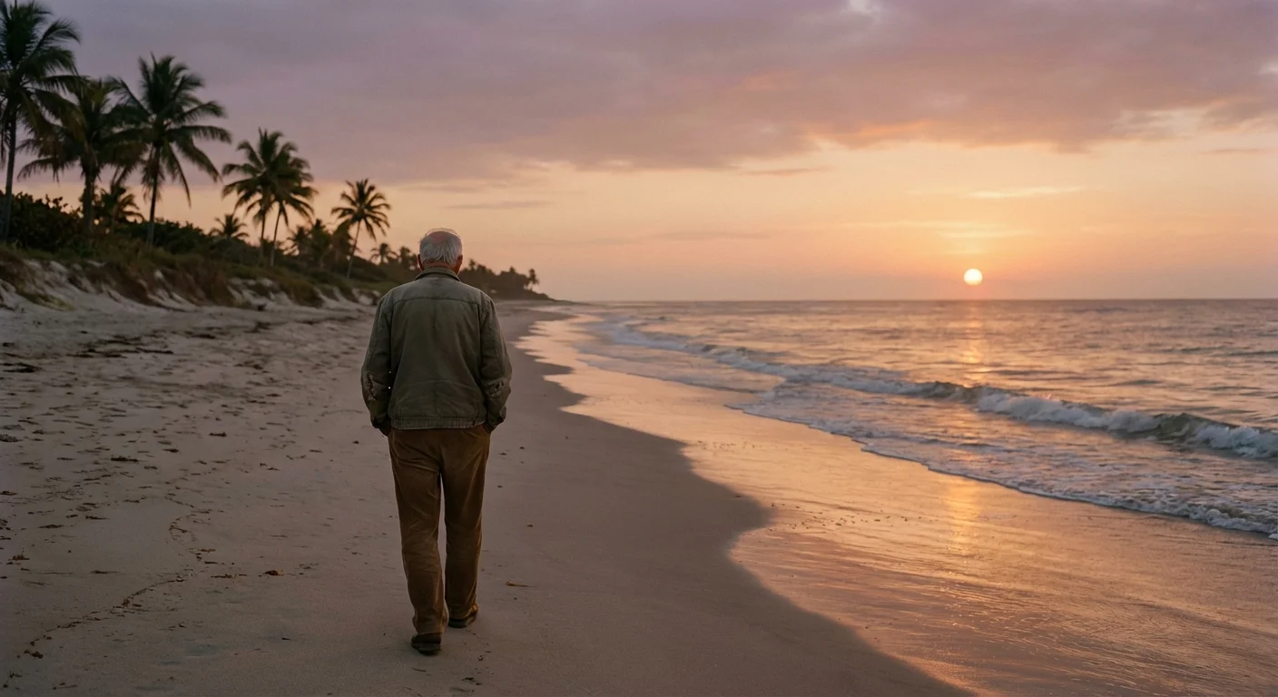 A senior man taking a slow, meditative walk on the beach at sunset.
