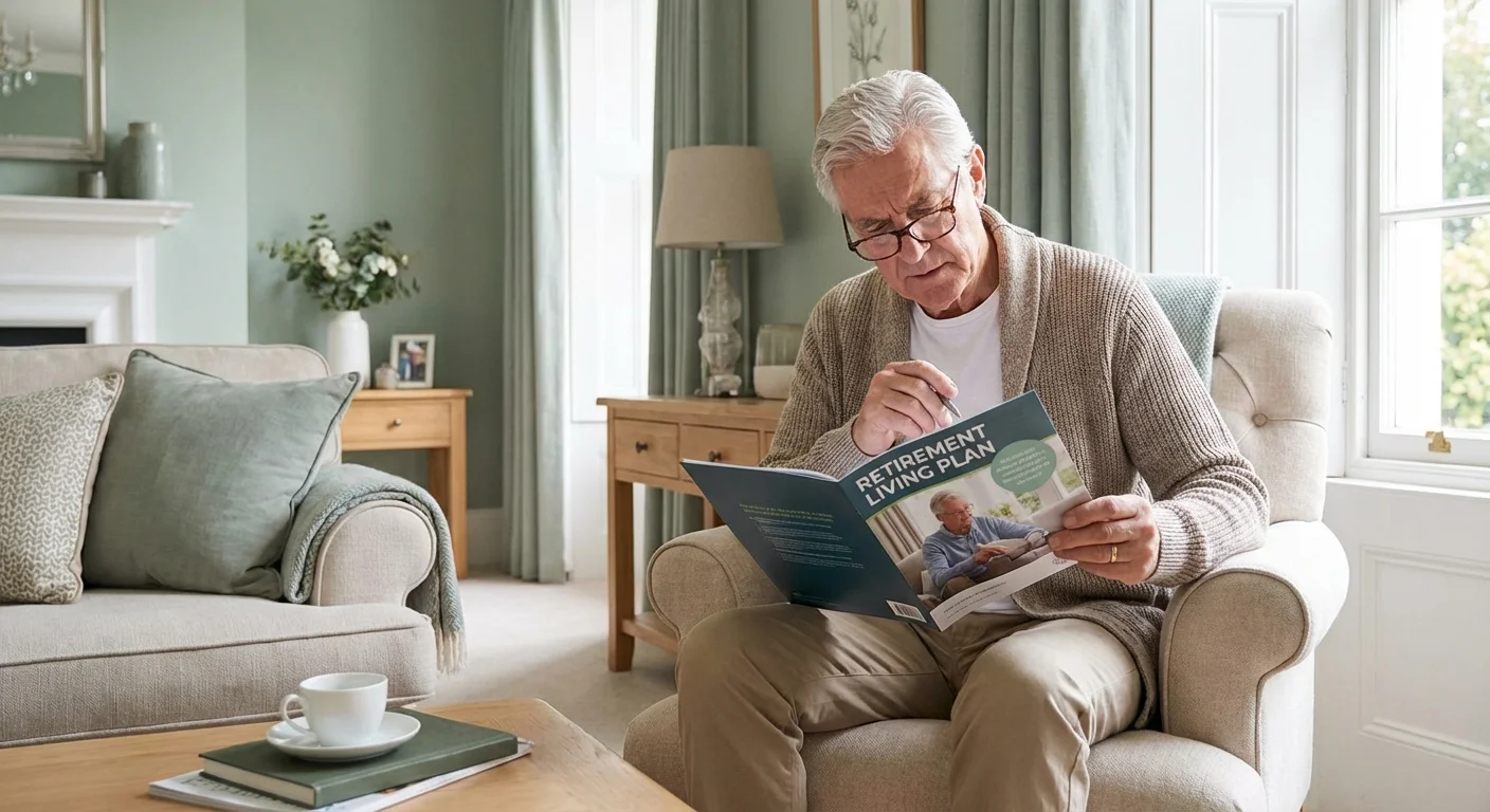 A senior man thoughtfully reviewing a healthcare brochure in a sunlit living room.