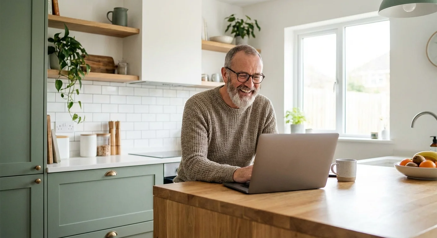 A senior man using a laptop in a modern kitchen, looking informed.