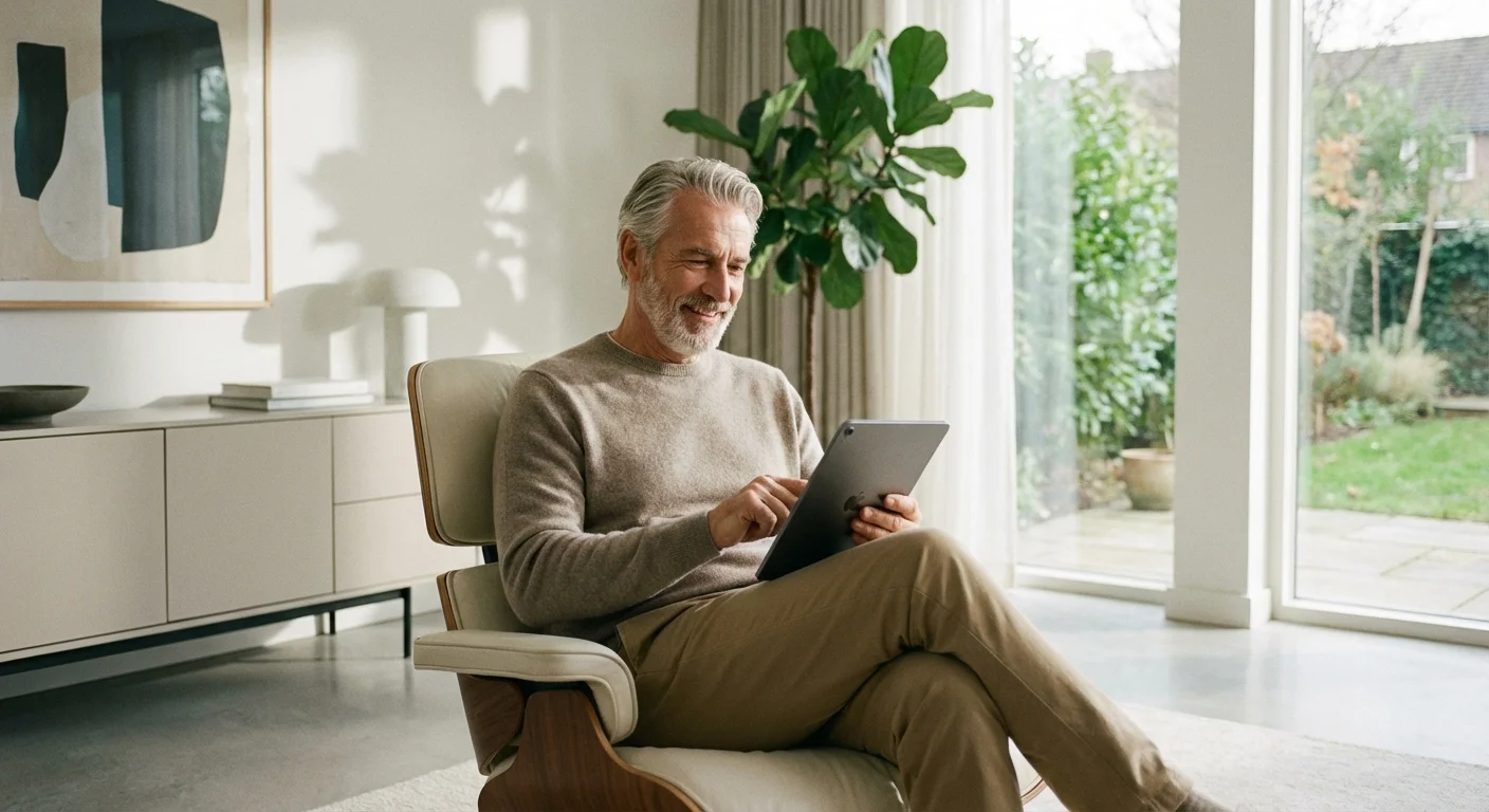 A senior man using a tablet comfortably in a bright, modern living room.