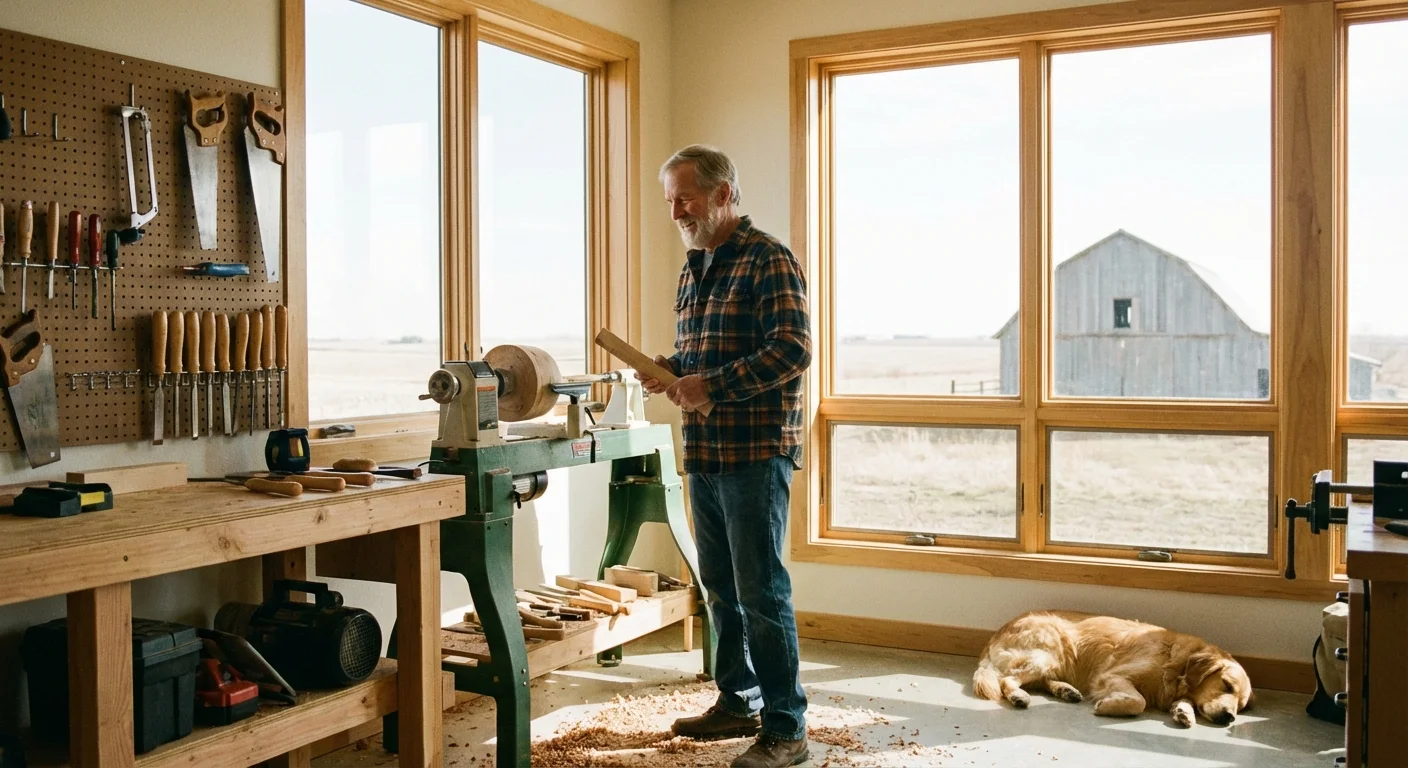 A senior man using tools at a workbench in a bright room.