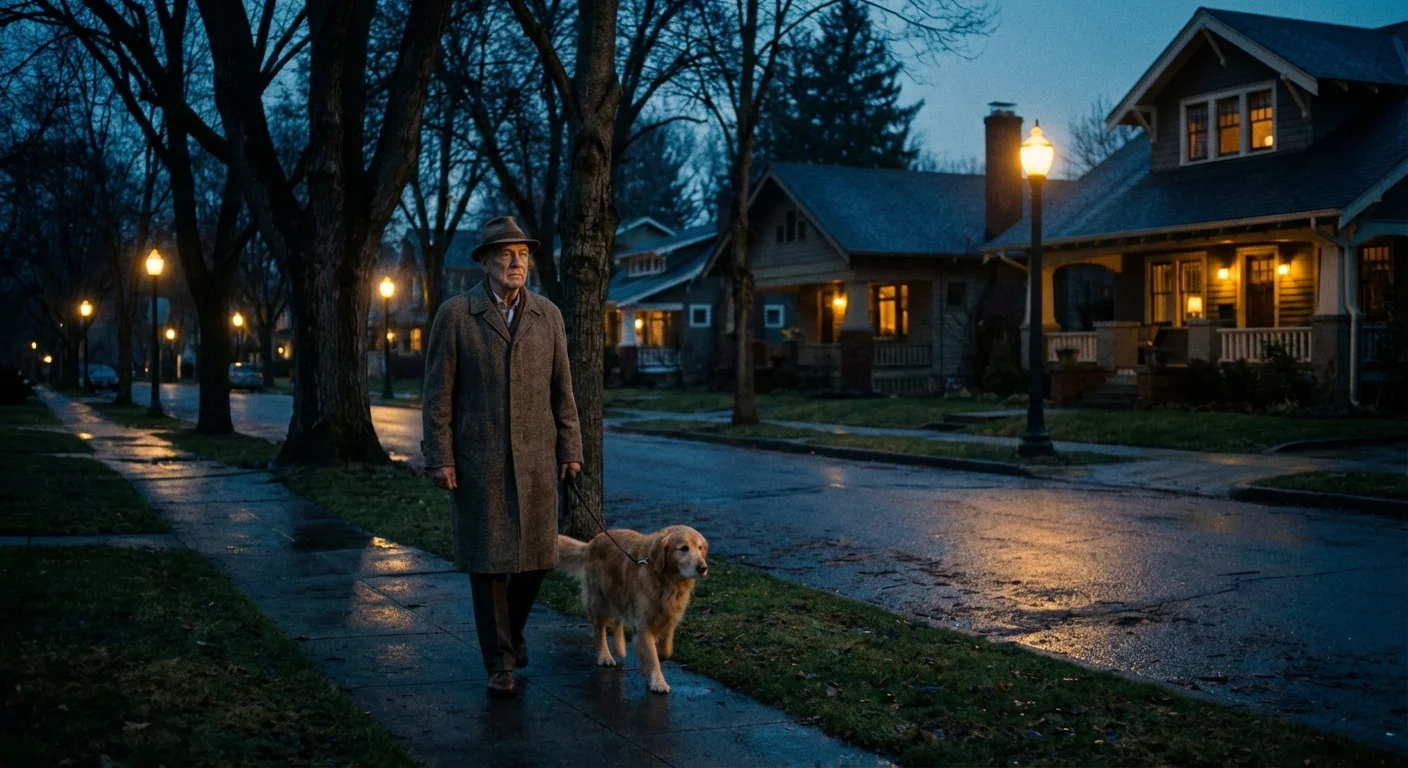 A senior man walking a dog on a suburban street at dusk under streetlights.