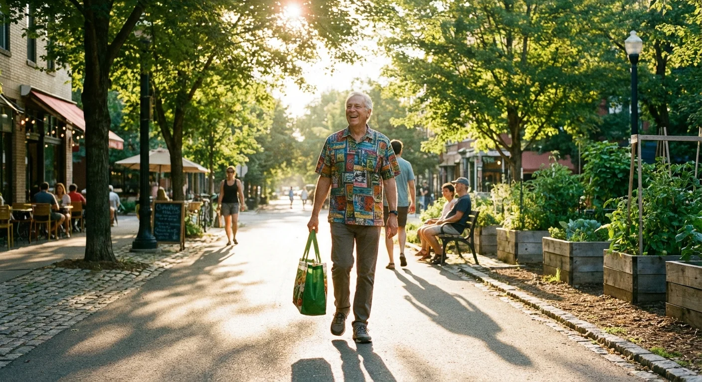 A senior man walking happily in a sunlit, walkable neighborhood.