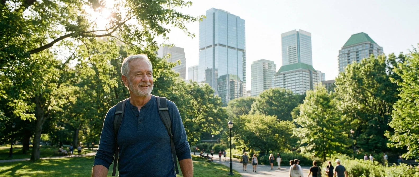 A senior man walking in a city park with a skyline background.