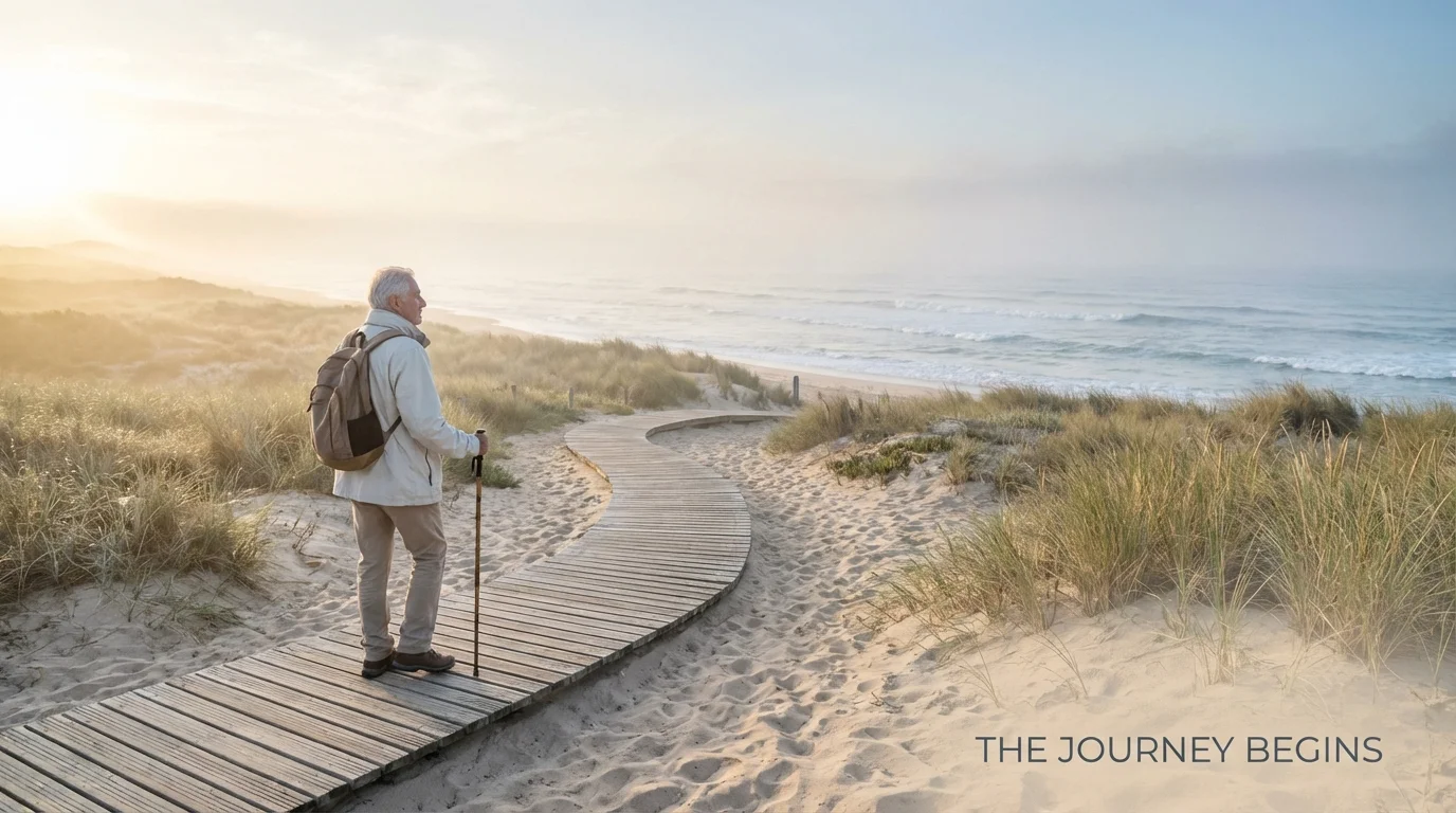 A senior man walking on a coastal path at sunrise.