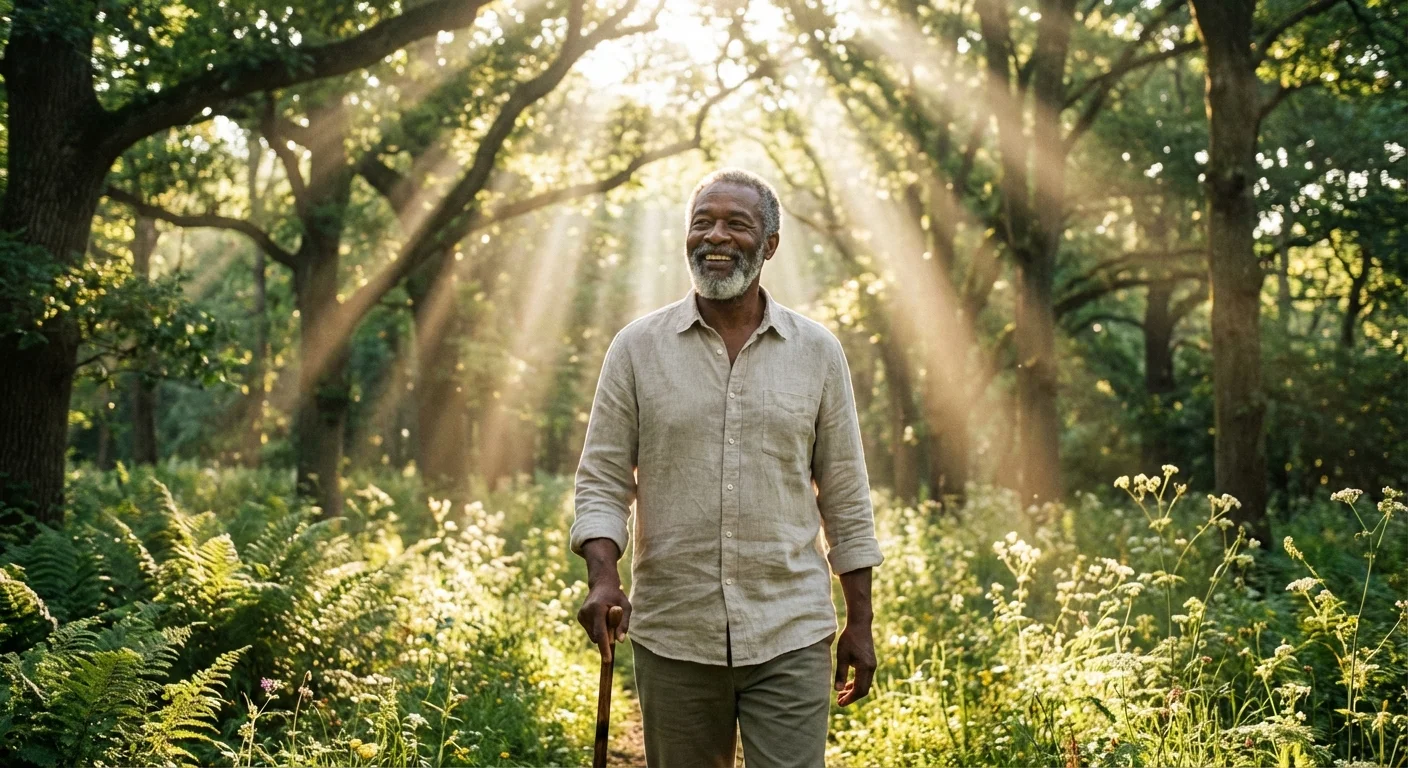 A senior man walking through a sunny park, looking happy and healthy.