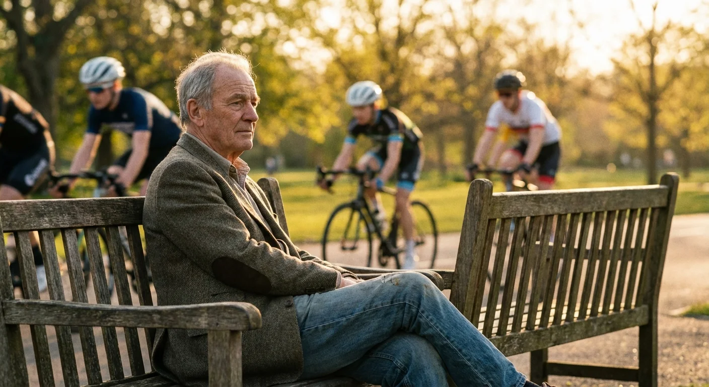 A senior man watching active cyclists from a park bench at sunset.