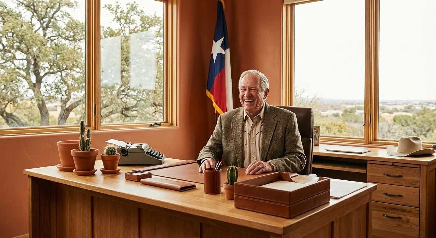A senior man working at a desk in a sunlit Texas office.
