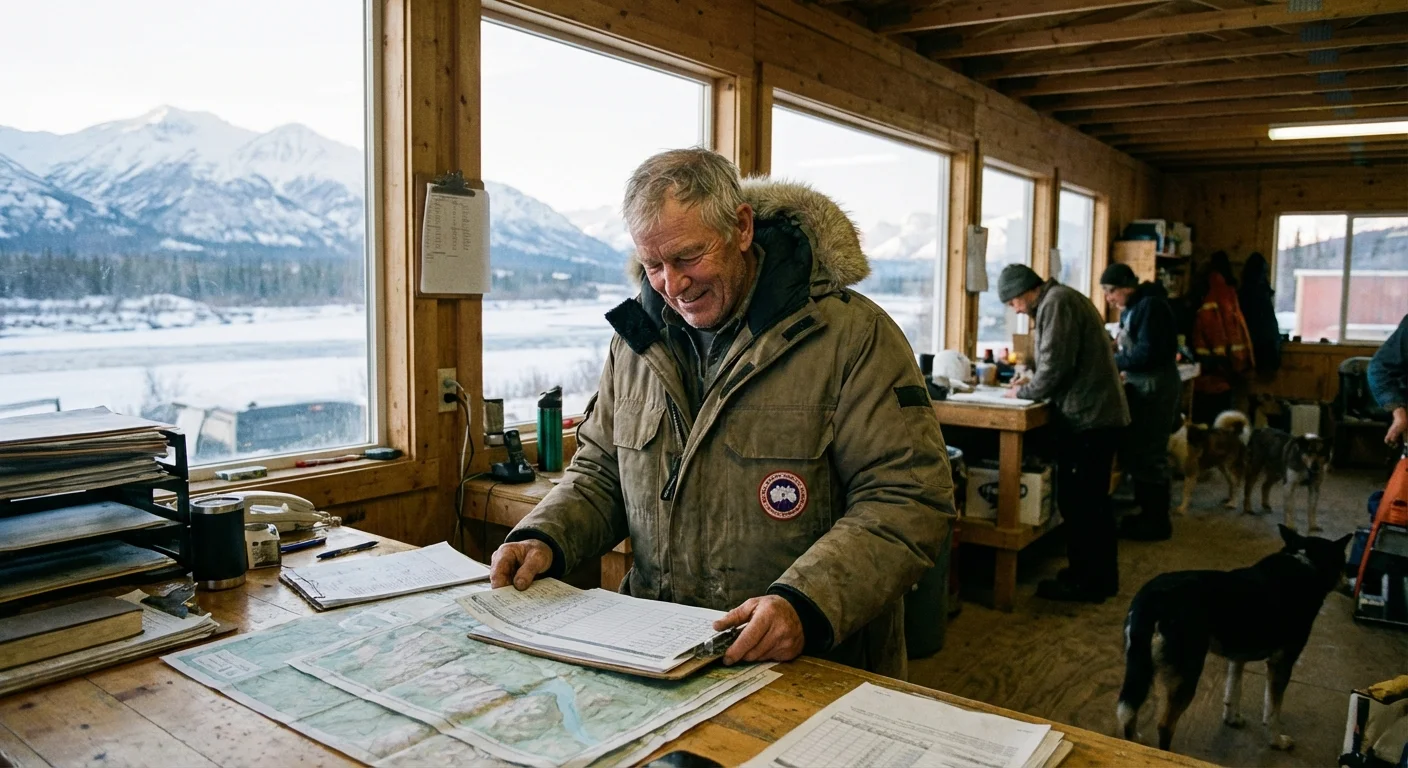A senior man working at a logistics desk in Alaska with snowy mountains visible through the window.