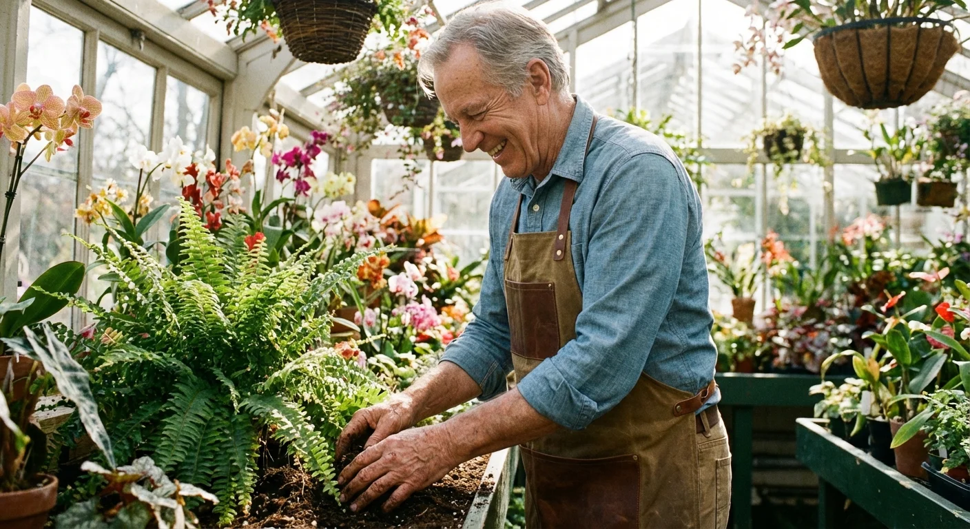 A senior man working happily in a sunlit botanical greenhouse.